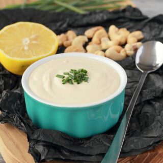 Cashew Cream in a blue and white dish.