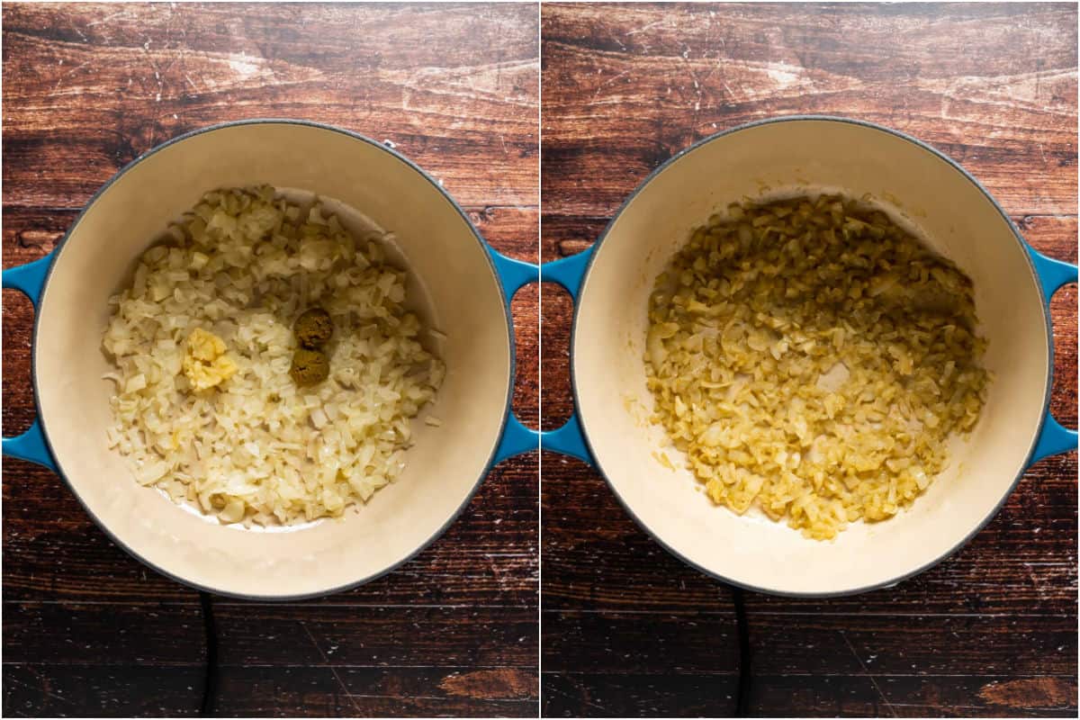 Two photo collage showing crushed garlic and green curry paste added to pot and sautéed with the onions.