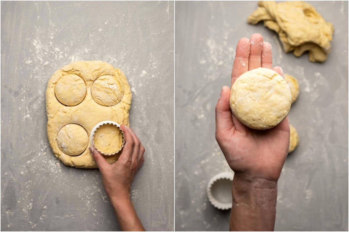 Two photo collage showing cutting out the biscuits with a biscuit cutter.