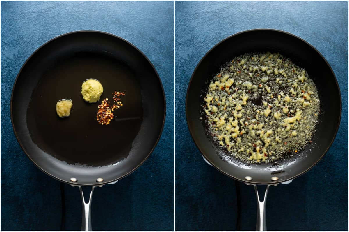 Two photo collage showing oil, crushed garlic, minced ginger and red pepper flakes added to frying pan and sautéed.