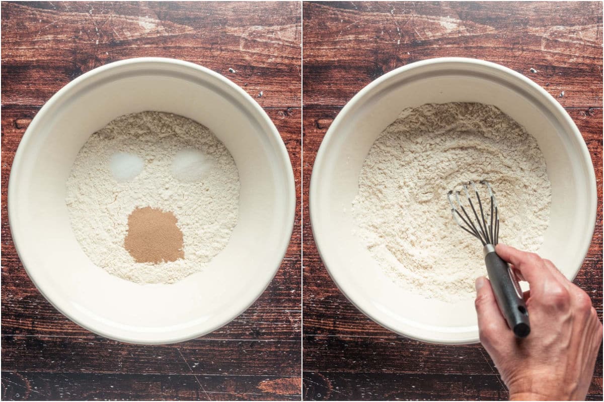 Two photo collage showing dry ingredients added to mixing bowl and mixed together.