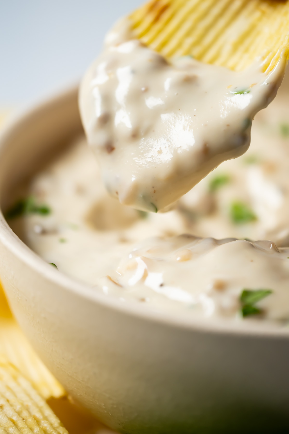 Chip dipping into a bowl of French onion dip.