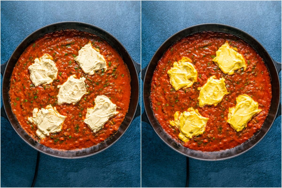 Tofu eggs added to skillet and then baked.