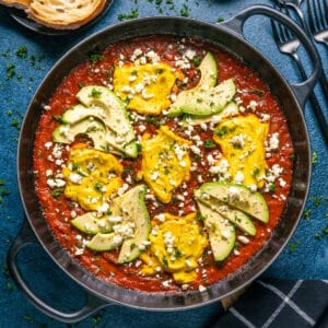 Vegan shakshuka in a cast iron skillet.